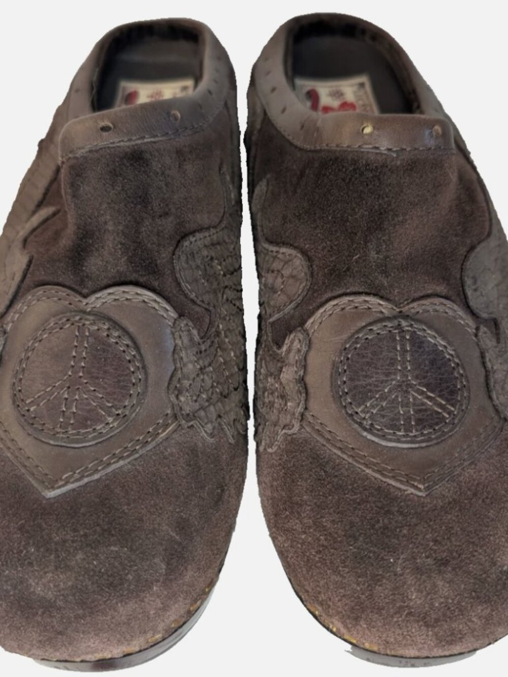 LUCKY BRAND Slip On Mule Brown Suede Leather Wood Clog Peace Heart Wings Size 10